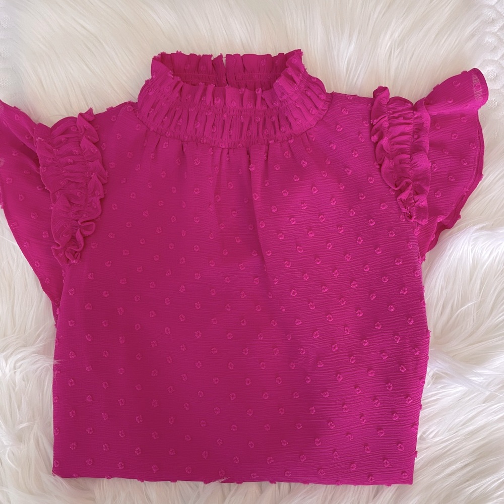 CeCe Clip Dot Ruffle Mock Neck Crepe Top in Magenta Glow